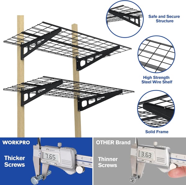 WORKPRO 2Pack 2x6FT Garage Wall Shelving 72 x 24 Heavy Duty Wall Mounted Shelving 800lbs Load Capacity Total Metal Wall Shelves Suitable for Shop Shed Garage Storage Black 1 Sets2x4FT