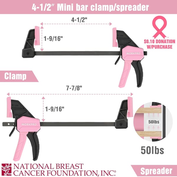 imageWORKPRO Mini Bar Clamps for Woodworking 6quot2 and 412quot2 4Piece OneHanded ClampSpreader LightDuty QuickChange F Clamp with 150lbs Load Limit  Pink RibbonPink