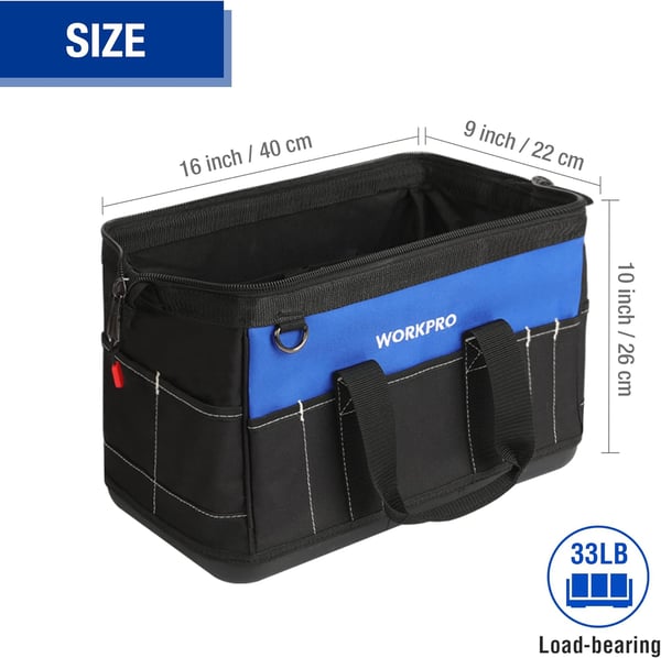 WORKPRO 16inch Wide Mouth Tool Bag with Water Proof Molded BaseWORKPRO 16inch Wide Mouth Tool Bag with Water Proof Molded Base