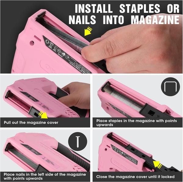 WORKPRO 36V Power Electric Cordless 2in1 Staple and Nail Gun 20Ah Battery Powered Stapler for Upholstery Carpentry Crafts DIY Including USB Charger Cable 2000PCS of Staples and Nails PinkPink