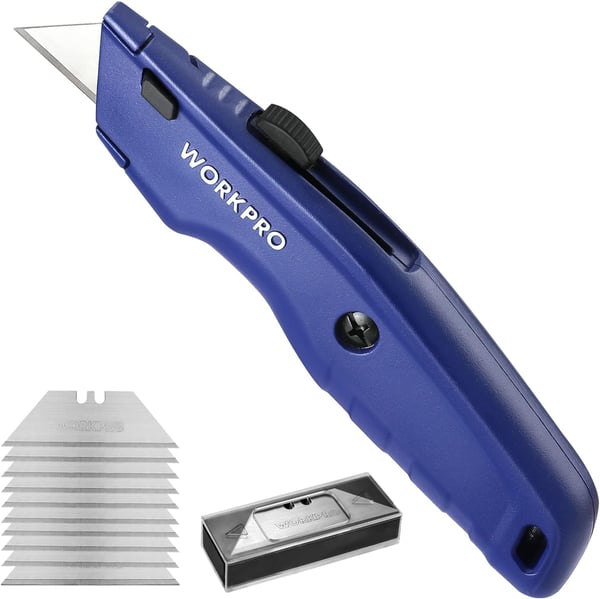 WORKPRO Premium Utility Knife 2PC Retractable All Metal Heavy Duty Box Cutter Quick Change Blade Razor Knife with 10 Extra BladesBlue