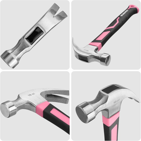 imageWORKPRO 8 oz Claw Hammer with Fiberglass Handle All Purpose Hammer with Forged Hardened Steel Head Smooth Face ampamp Shock Reduction Grip  Pink Ribbon16oz