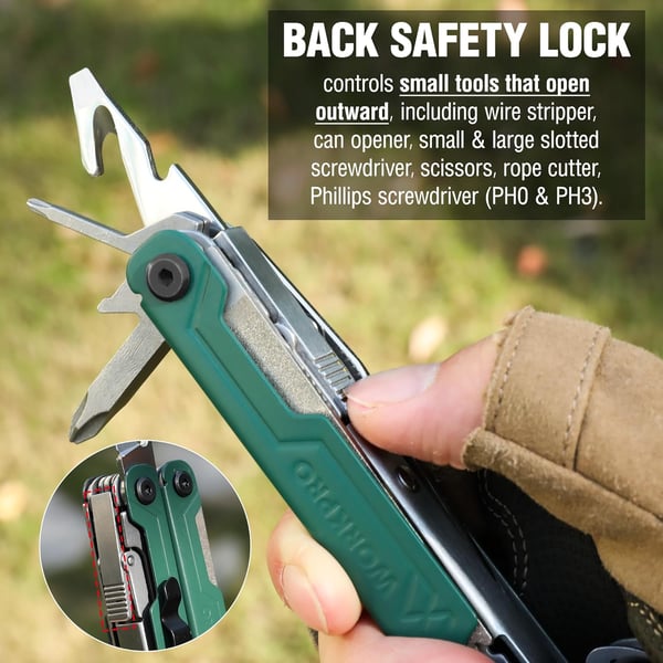 WORKPRO 18in1 Multi Tool Pliers Stainless Steel EDC Multitool with Pocket Knife 2 Safety Locks Belt Clip and Oxford Pouch Multipurpose Utility Multiuse Tool for Camping Outdoor ActivitiesGreen