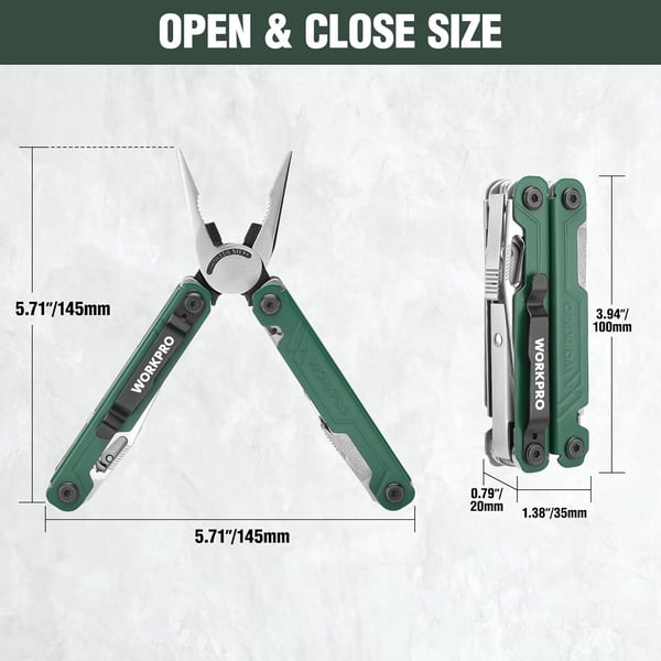 WORKPRO 18in1 Multi Tool Pliers Stainless Steel EDC Multitool with Pocket Knife 2 Safety Locks Belt Clip and Oxford Pouch Multipurpose Utility Multiuse Tool for Camping Outdoor ActivitiesGreen