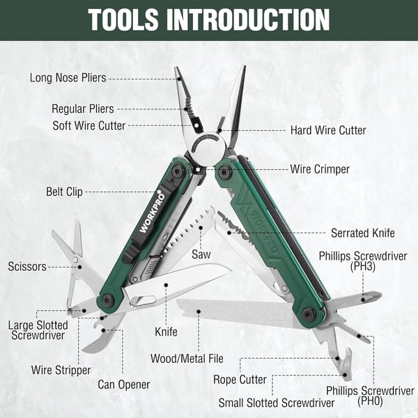 WORKPRO 18in1 Multi Tool Pliers Stainless Steel EDC Multitool with Pocket Knife 2 Safety Locks Belt Clip and Oxford Pouch Multipurpose Utility Multiuse Tool for Camping Outdoor ActivitiesGreen