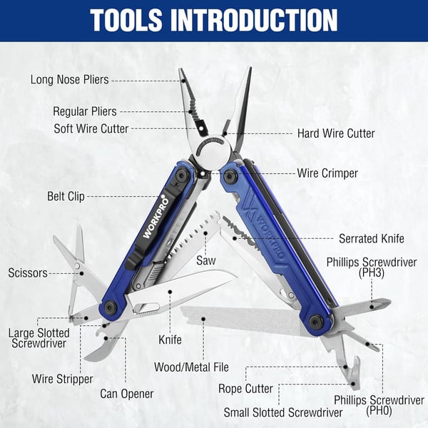 WORKPRO 18in1 Multi Tool Pliers Stainless Steel EDC Multitool with Pocket Knife 2 Safety Locks Belt Clip and Oxford Pouch Multipurpose Utility Multiuse Tool for Camping Outdoor ActivitiesBlue