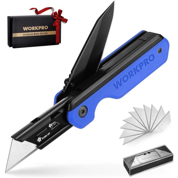 WORKPRO 2in1 Folding KnifeUtility Knife QuickChange Box Cutter with Belt Clip Liner Lock and G10 Handle Extra 10 SK5 Blades Included BlueBlue G10