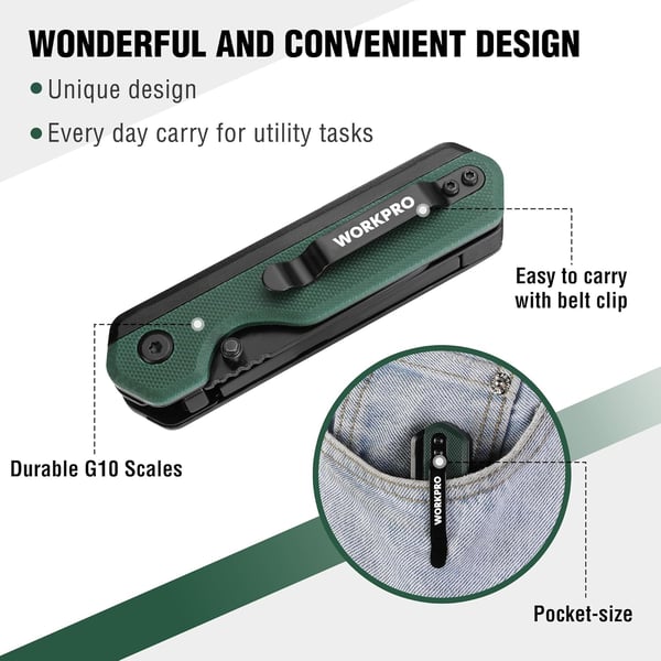 WORKPRO 2in1 Folding KnifeUtility Knife QuickChange Box Cutter with Belt Clip Liner Lock and G10 Handle Extra 10 SK5 Blades Included BlueGreen G10