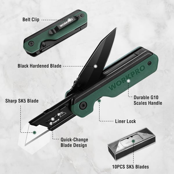 WORKPRO 2in1 Folding KnifeUtility Knife QuickChange Box Cutter with Belt Clip Liner Lock and G10 Handle Extra 10 SK5 Blades Included BlueGreen G10