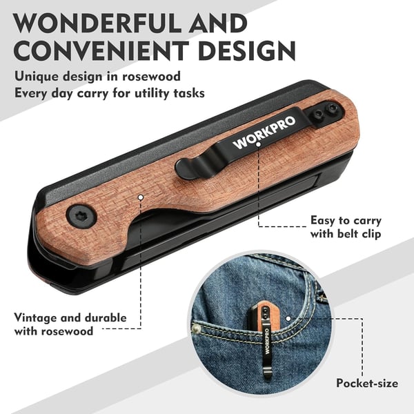 WORKPRO 2in1 Folding KnifeUtility Knife QuickChange Box Cutter with Belt Clip Liner Lock and G10 Handle Extra 10 SK5 Blades Included BlueWood