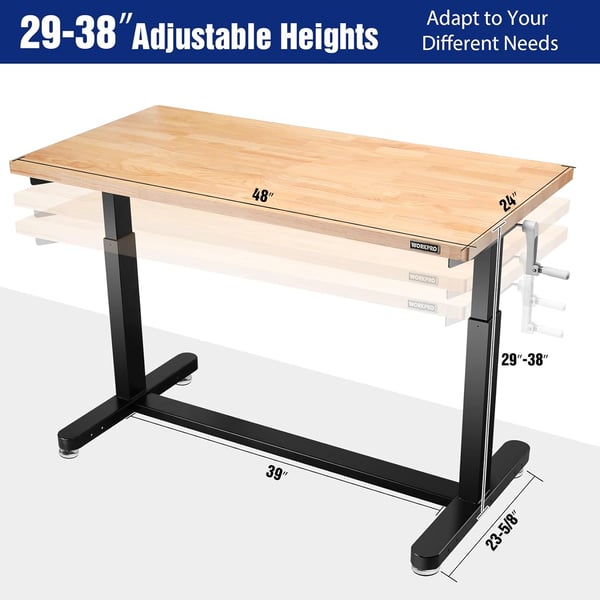 WORKPRO 60 Height Adjustable Work Table with Crank Handle and Casters 60 x 24 Wooden Top Standing Desk Workbench Heights from 2938 500 Lbs Load Capacity for Garage Office Home4FT Height Adjustable