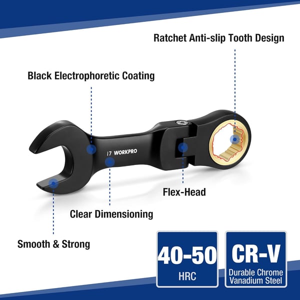 WORKPRO 8Piece Stubby Antislip Ratcheting Combination Wrench Set SAE 51634 in 72Teeth CRV Black Electrophoretic Coating FlexHead Wrench Set with Rolling PouchMetric