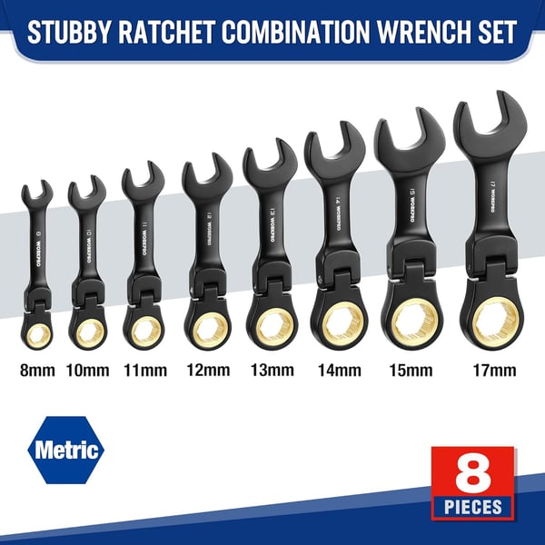 WORKPRO 8Piece Stubby Antislip Ratcheting Combination Wrench Set SAE 51634 in 72Teeth CRV Black Electrophoretic Coating FlexHead Wrench Set with Rolling PouchMetric