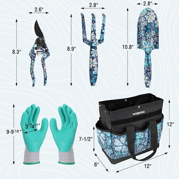 WORKPRO Aluminum Garden Tool Set 4PCS Heavy Duty Hand Garden Tools with Box Include Trowel Rake Pruner Garden Gloves Floral and Insect Printing Garden GiftsBlue flower with bag