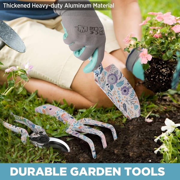 WORKPRO Aluminum Garden Tool Set 4PCS Heavy Duty Hand Garden Tools with Box Include Trowel Rake Pruner Garden Gloves Floral and Insect Printing Garden GiftsWhite with bag