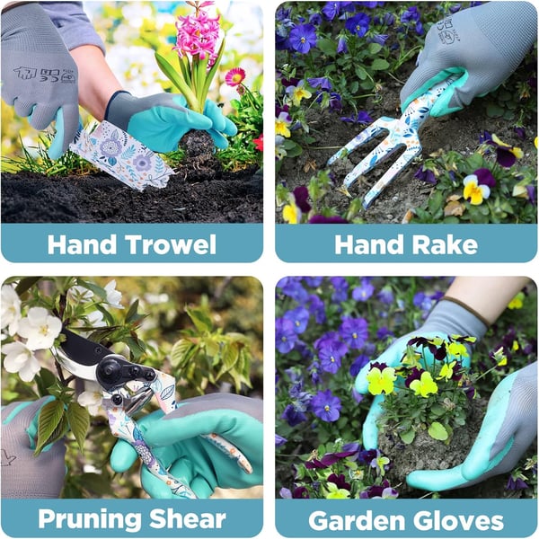 WORKPRO Aluminum Garden Tool Set 4PCS Heavy Duty Hand Garden Tools with Box Include Trowel Rake Pruner Garden Gloves Floral and Insect Printing Garden GiftsWhite with bag