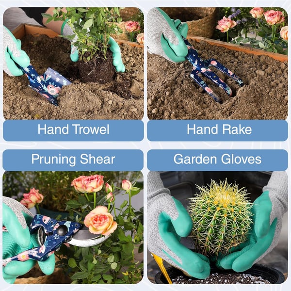 WORKPRO Aluminum Garden Tool Set 4PCS Heavy Duty Hand Garden Tools with Box Include Trowel Rake Pruner Garden Gloves Floral and Insect Printing Garden GiftsBlue insect with bag