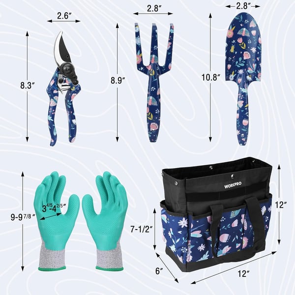 WORKPRO Aluminum Garden Tool Set 4PCS Heavy Duty Hand Garden Tools with Box Include Trowel Rake Pruner Garden Gloves Floral and Insect Printing Garden GiftsBlue insect with bag