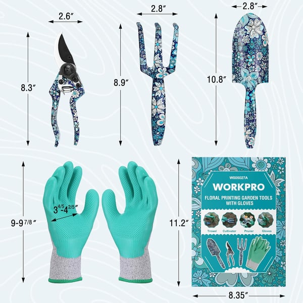 WORKPRO Aluminum Garden Tool Set 4PCS Heavy Duty Hand Garden Tools with Box Include Trowel Rake Pruner Garden Gloves Floral and Insect Printing Garden GiftsBlue flower