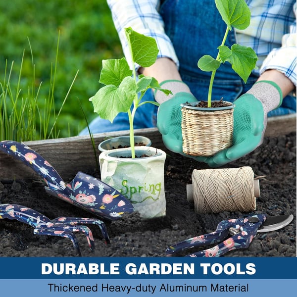 WORKPRO Aluminum Garden Tool Set 4PCS Heavy Duty Hand Garden Tools with Box Include Trowel Rake Pruner Garden Gloves Floral and Insect Printing Garden GiftsBlue insect with bag