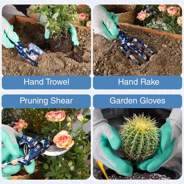 WORKPRO Aluminum Garden Tool Set 4PCS Heavy Duty Hand Garden Tools with Box Include Trowel Rake Pruner Garden Gloves Floral and Insect Printing Garden GiftsBlue insect