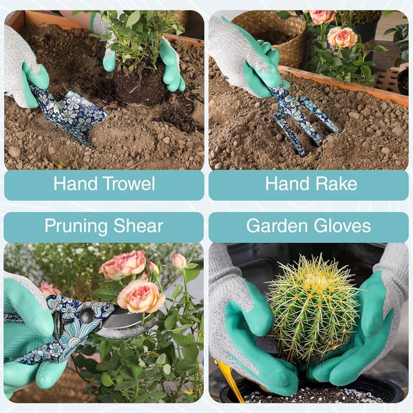 WORKPRO Aluminum Garden Tool Set 4PCS Heavy Duty Hand Garden Tools with Box Include Trowel Rake Pruner Garden Gloves Floral and Insect Printing Garden GiftsBlue flower with bag