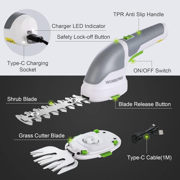 WORKPRO Cordless Grass Shear  Shrubbery Trimmer  2 in 1 Handheld Hedge Trimmer Electric Grass Trimmer Hedge ShearsGrass Cutter Rechargeable LithiumIon Battery and TypeC Cable Included WhiteWhite