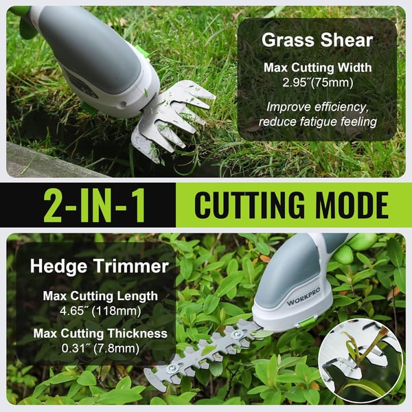 WORKPRO Cordless Grass Shear  Shrubbery Trimmer  2 in 1 Handheld Hedge Trimmer Electric Grass Trimmer Hedge ShearsGrass Cutter Rechargeable LithiumIon Battery and TypeC Cable Included WhiteWhite