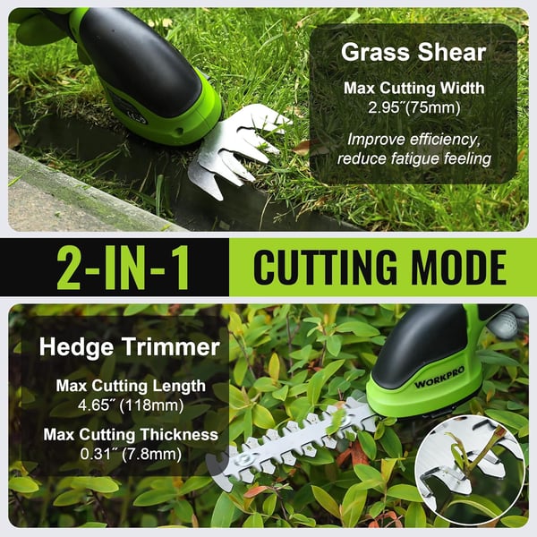 WORKPRO Cordless Grass Shear  Shrubbery Trimmer  2 in 1 Handheld Hedge Trimmer Electric Grass Trimmer Hedge ShearsGrass Cutter Rechargeable LithiumIon Battery and TypeC Cable Included WhiteGreen