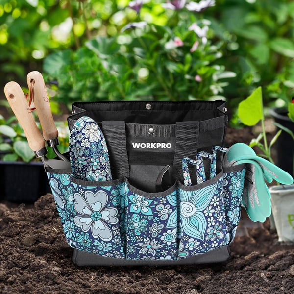 WORKPRO Garden Tool Bag 9 Pockets Garden Tote Bag Heavy Duty Oxford Garden Tool Storage Bag Gardening Tool Kit Holder Tools NOT Included 12 x 12 x 6 Blue InsectsFloral Blue