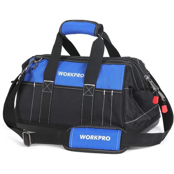 WORKPRO 16inch Wide Mouth Tool Bag Heavy Duty Cloth Tool Storage Bag with Water Proof Molded Base Adjustable Shoulder StrapBlackBlue