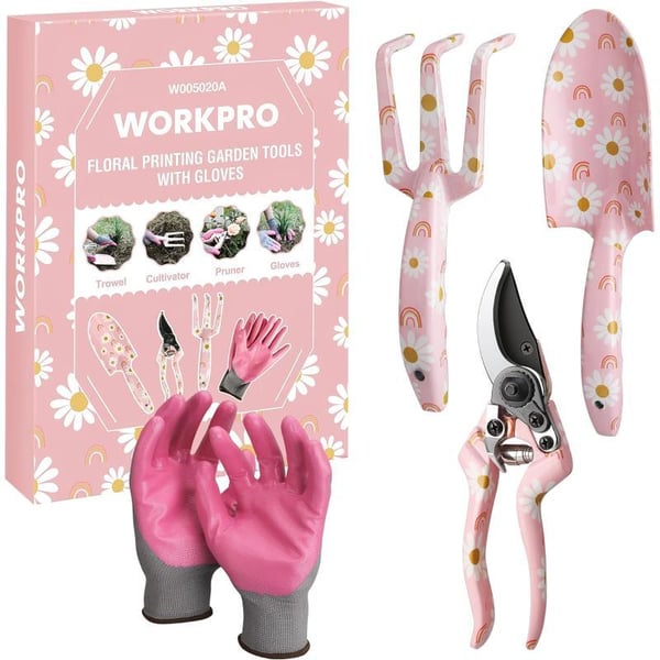 WORKPRO Aluminum Garden Tool Set 4PCS Heavy Duty Hand Garden Tools with Box Include Trowel Rake Pruner Garden Gloves Floral and Insect Printing Garden GiftsPink