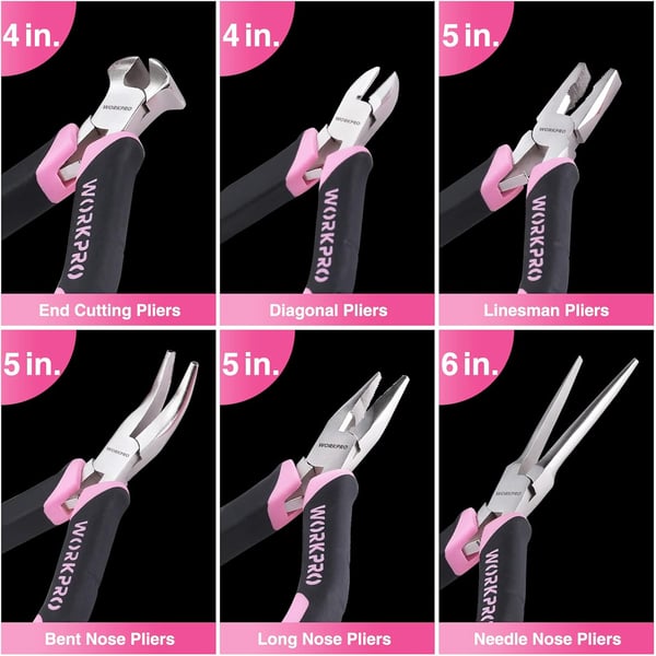 WORKPRO 6Piece Mini Pliers Set Needle Nose Long Nose Bent Nose Diagonal End Cutting and Linesman for Crafts Work Electronic Repair with Pouch  Pink RibbonPink