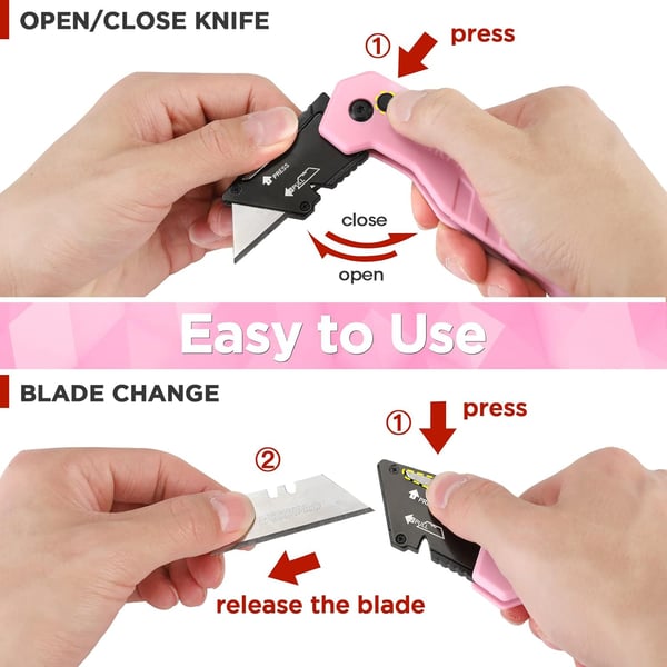 WORKPRO Folding Utility Knife Quick Change Box Cutter Razor Knife for Cartons Cardboard Boxes Blade Storage in Aluminum Handle 13 Extra Blades Included  Pink RibbonPink