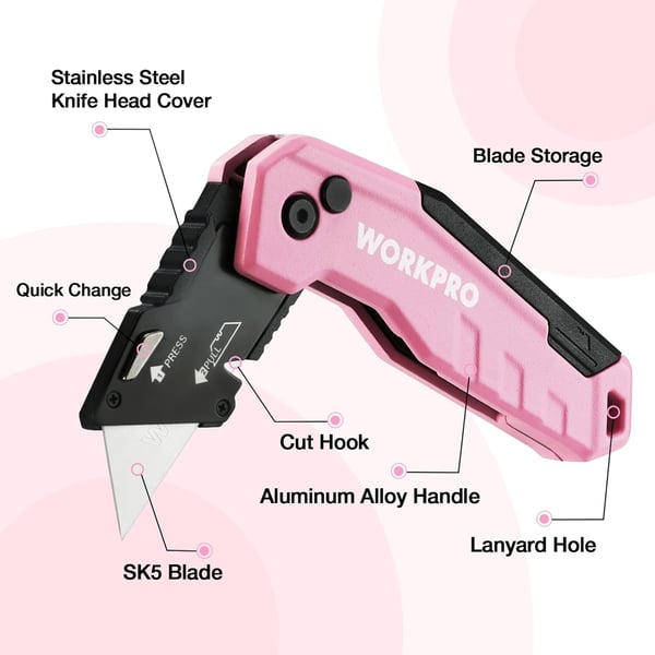 WORKPRO Folding Utility Knife Quick Change Box Cutter Razor Knife for Cartons Cardboard Boxes Blade Storage in Aluminum Handle 13 Extra Blades Included  Pink RibbonPink