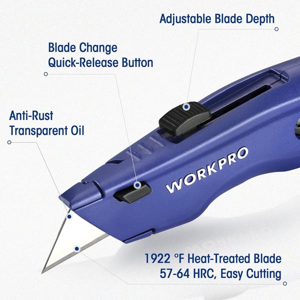 WORKPRO Premium Utility Knife 1PC Retractable All Metal Heavy Duty Box Cutter Quick Change Blade Razor Knife with 10 Extra BladesBlue