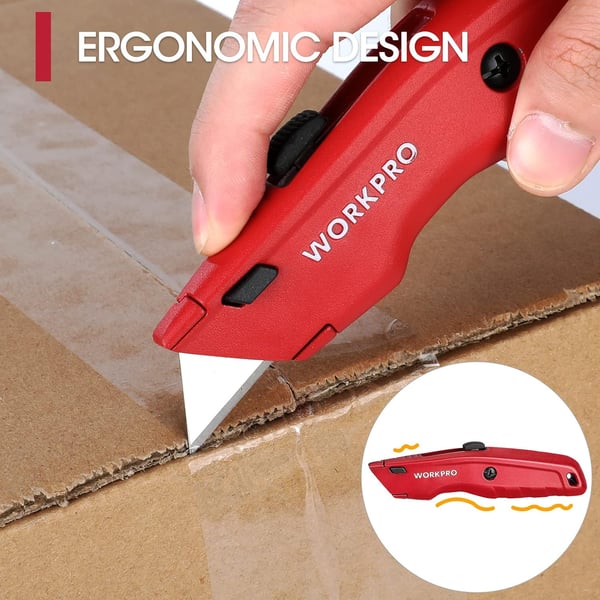 WORKPRO Premium Utility Knife 1PC Retractable All Metal Heavy Duty Box Cutter Quick Change Blade Razor Knife with 10 Extra BladesRed