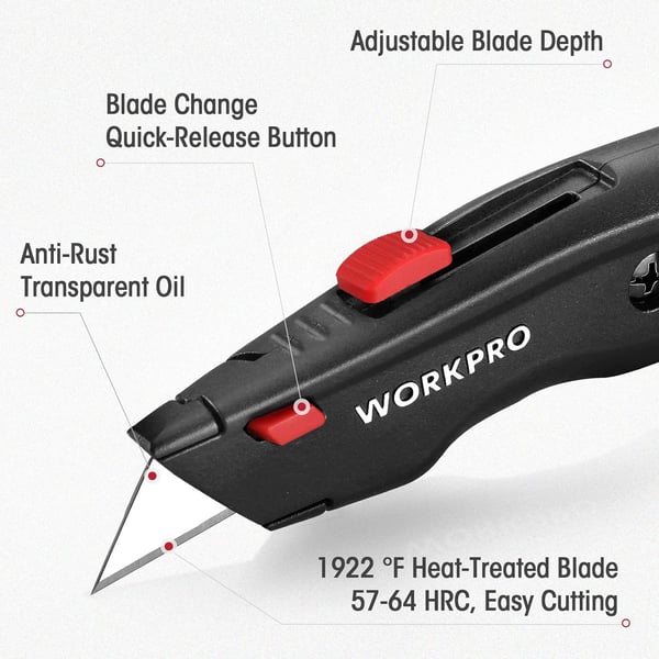 WORKPRO Premium Utility Knife Retractable All Metal Heavy Duty Box Cutter Quick Change Blade Razor Knife with 10 Extra Blades2 Black