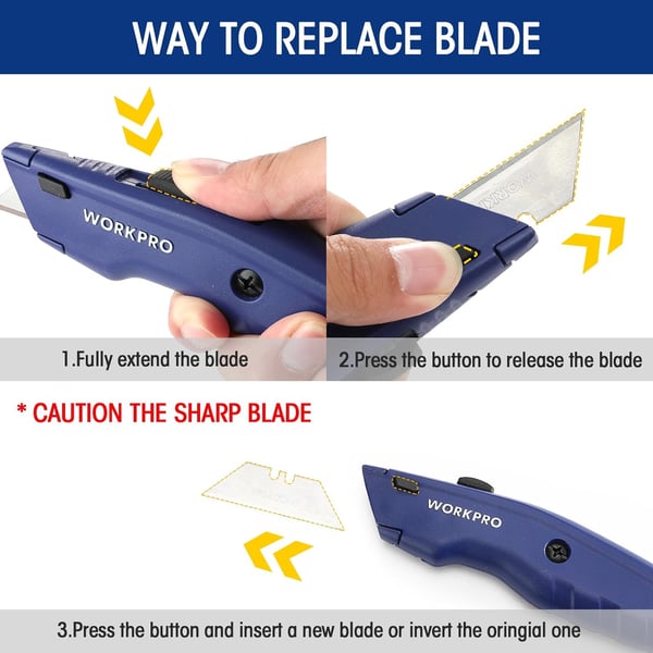 WORKPRO Premium Utility Knife Retractable All Metal Heavy Duty Box Cutter Quick Change Blade Razor Knife with 10 Extra Blades2 Blue