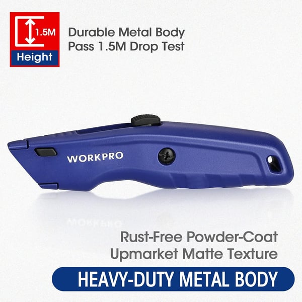 WORKPRO Premium Utility Knife Retractable All Metal Heavy Duty Box Cutter Quick Change Blade Razor Knife with 10 Extra Blades2 Blue