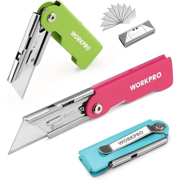 WORKPRO 3Pack Folding Utility Knife Set Quick Change Blade Box Cutter Razor Knife with Belt Clip 10 Extra SK5 Blades for Cartons Cardboard and BoxesMulticolored with 10 blades