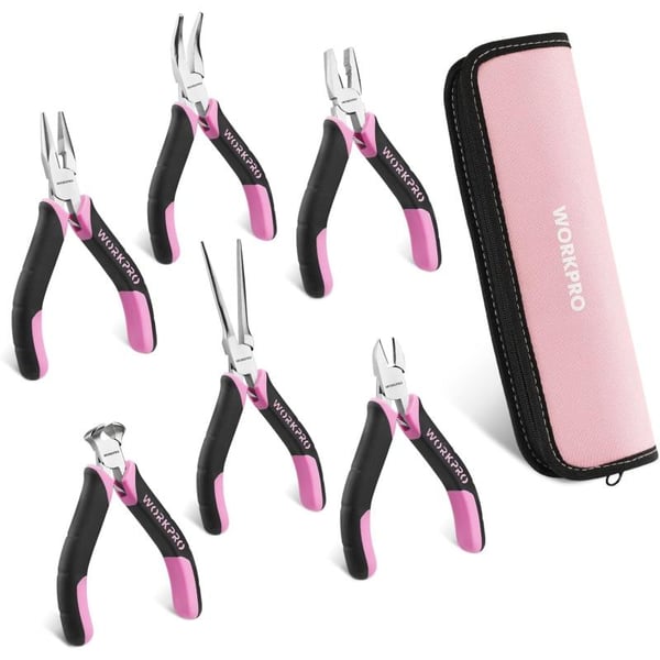 WORKPRO 6Piece Mini Pliers Set Needle Nose Long Nose Bent Nose Diagonal End Cutting and Linesman for Crafts Work Electronic Repair with Pouch  Pink RibbonPink