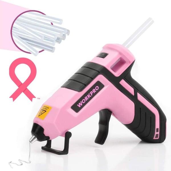 WORKPRO Cordless Hot Melt Glue Gun Rechargeable Fast Preheating Mini Glue Gun Kit with 20 Pcs Premium Glue Sticks AutomaticPowerOff Glue Gun for Art Crafts Decorations Fast Repairs Pink RibbonPink