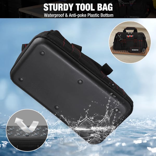 WORKPRO 16inch Close Top Wide Mouth Tool Storage Bag with Water Proof Rubber Base W081022A 16Storage Bag 16inch