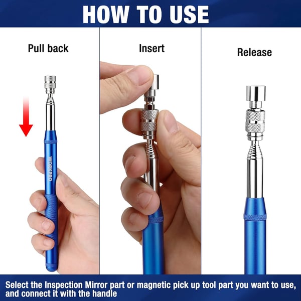 WORKPRO 2in1 Telescoping Inspection Mirror with Telescoping Magnetic PickUp Tool Round Mirror Extendable Mirror up to 30in NonSlip Handle 360 Inspection Mirror Telescoping Swivel HeadWORKPRO 2in1 Telescoping Inspection Mirror with Telescoping Magnetic PickUp Tool Round Mirror Extendable Mirror up to 30in NonSlip Handle 360 Inspection Mirror Telescoping Swivel Head