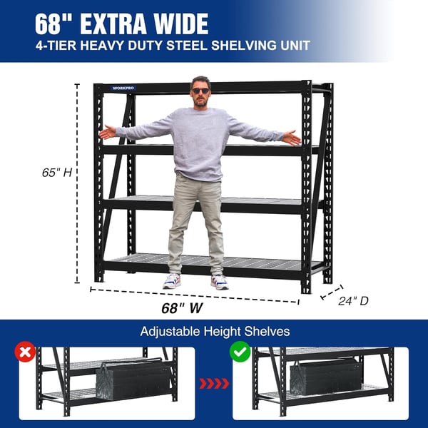 WORKPRO 3Tier Garage Shelving Unit Heavy Duty 5400 LBS Load Capacity Metal Storage Rack 50W x 18D x 47H Height Adjustable Industrial Shelving for Garage Warehouse Shop1 68W x 24D x 65H