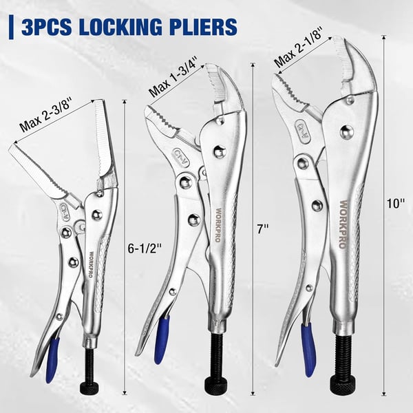 WORKPRO 5Piece CRV Locking Pliers Set 612 912 Long Nose Locking Pliers 5 7 and 10 Curved Jaw Locking Pliers Fast Release with 3pc Hex Keys3