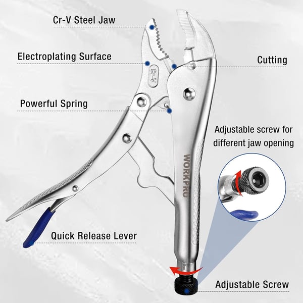 WORKPRO 5Piece CRV Locking Pliers Set 612 912 Long Nose Locking Pliers 5 7 and 10 Curved Jaw Locking Pliers Fast Release with 3pc Hex Keys3