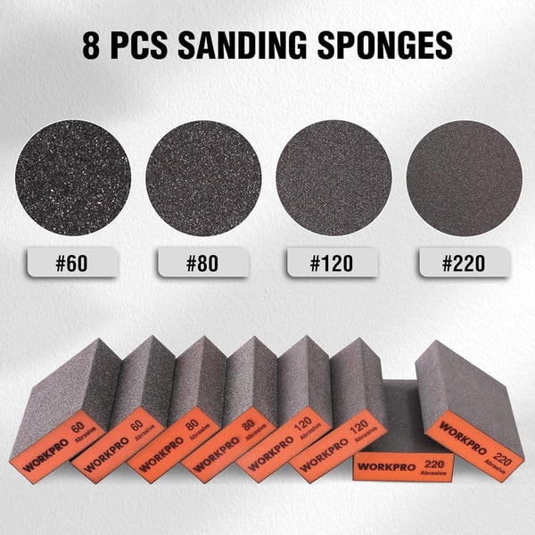 WORKPRO 8Piece Sanding Sponge Set Wet and Dry Dualuse Sanding Block 6080120220 Grit Assortment Reusable for Wood Metal and DrywallWORKPRO 8Piece Sanding Sponge Set Wet and Dry Dualuse Sanding Block 6080120220 Grit Assortment Reusable for Wood Metal and Drywall