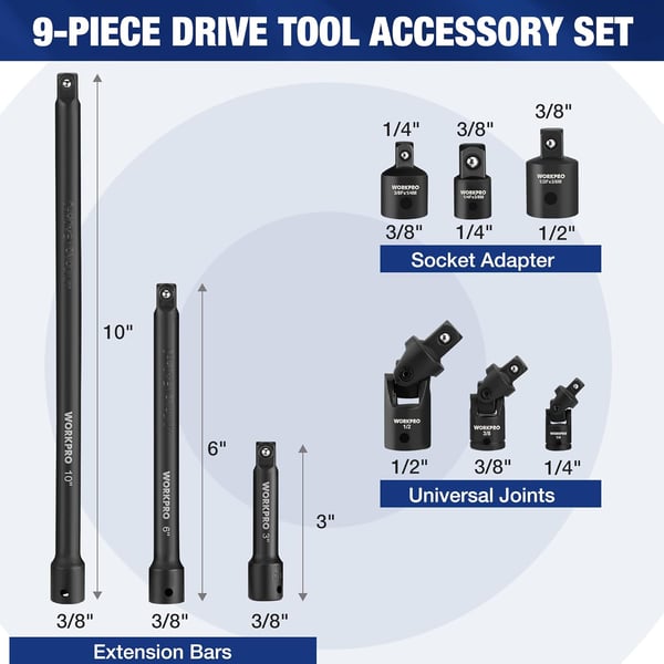 WORKPRO 9 PCS Socket Accessory Set Includes 38 Impact Drive Extension Bar Set 14 38 amp 12 Drive Universal Joints and Adapters Premium Chrome Vanadium Steel with Black Phosphate FinishWORKPRO 9 PCS Socket Accessory Set Includes 38 Impact Drive Extension Bar Set 14 38 amp 12 Drive Universal Joints and Adapters Premium Chrome Vanadium Steel with Black Phosphate Finish